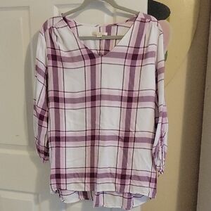 Cooper & Ella Elegant Purple Plaid Soft V-Neck Blouse tie rouch sleeves